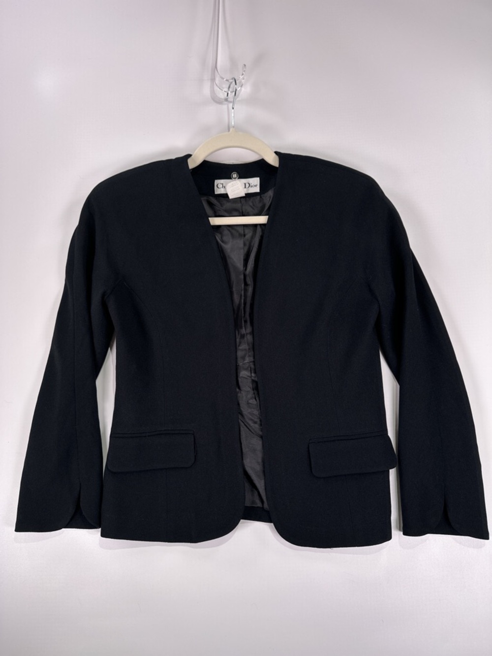 Christian Dior Vintage Collarless Open Front Crepe Blazer Black XXS - Picture 2 of 12